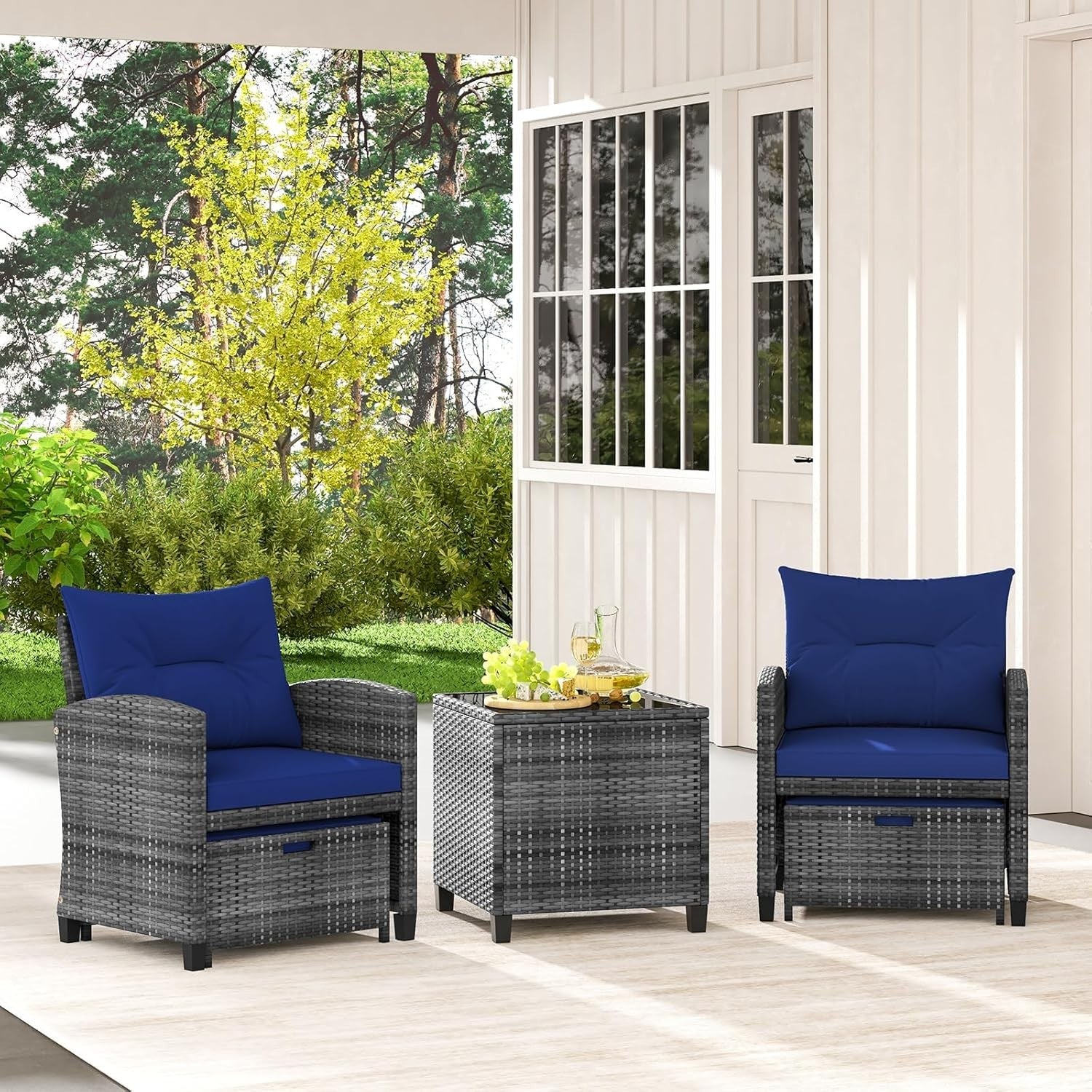 5-Piece Outdoor Rattan Patio Set with Cushions, Glass Table & Footstools