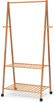 3-in-1 Wooden Coat Stand with Shoe Rack & Hooks – Bamboo Brown