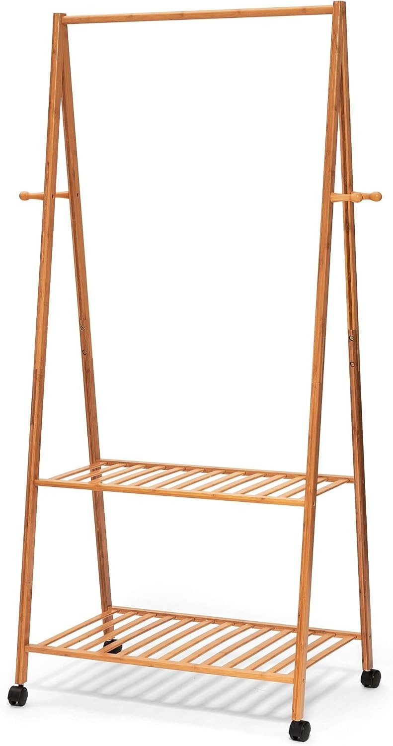 3-in-1 Wooden Coat Stand with Shoe Rack & Hooks – Bamboo Brown