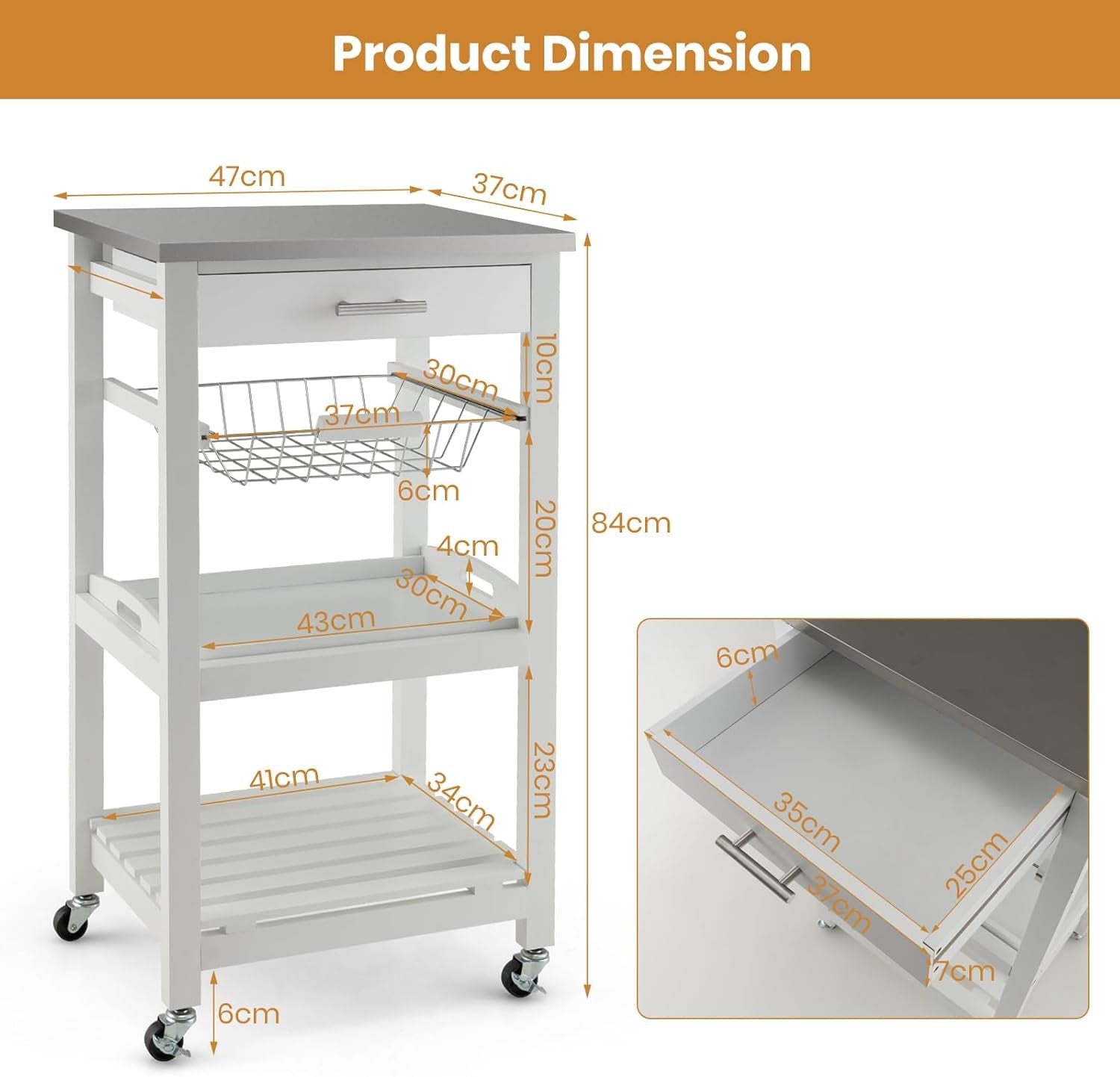 Kitchen Trolley on Wheels Storage Cart Stainless Steel Top Drawer