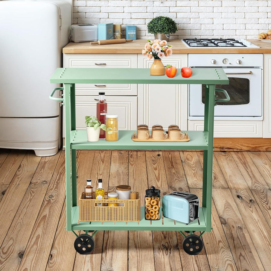 Industrial Bar Cart on Wheels 3 Tier Metal Serving Trolley Handle