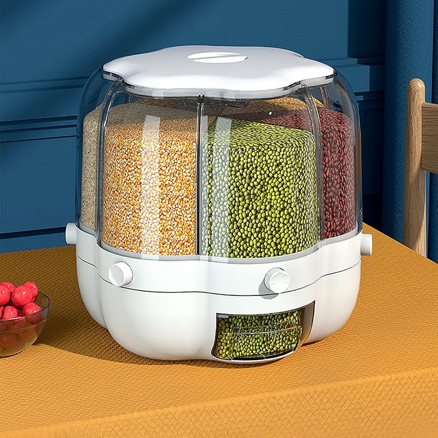 6 Grid Rotating Rice Dispenser Airtight Grain Storage Box