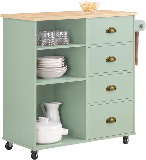 Mobile Kitchen Trolley Cart with 4 Drawers, Adjustable Shelf & Towel Rack