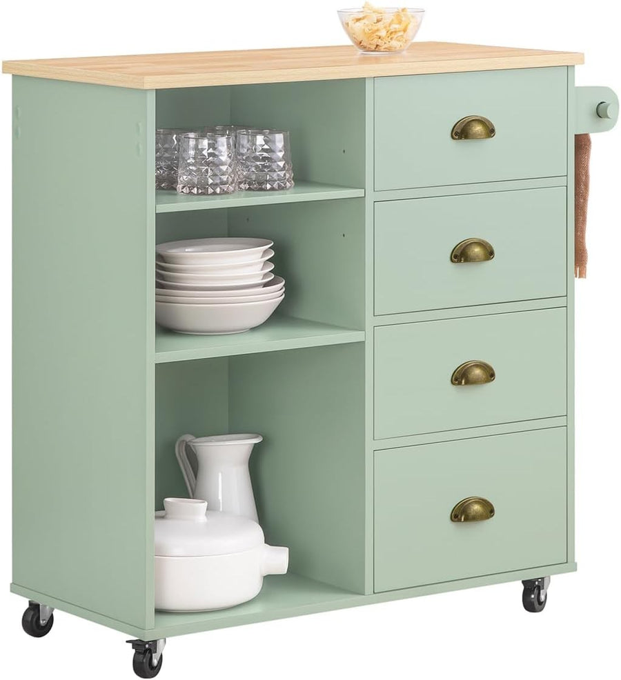 Mobile Kitchen Trolley Cart with 4 Drawers, Adjustable Shelf & Towel Rack
