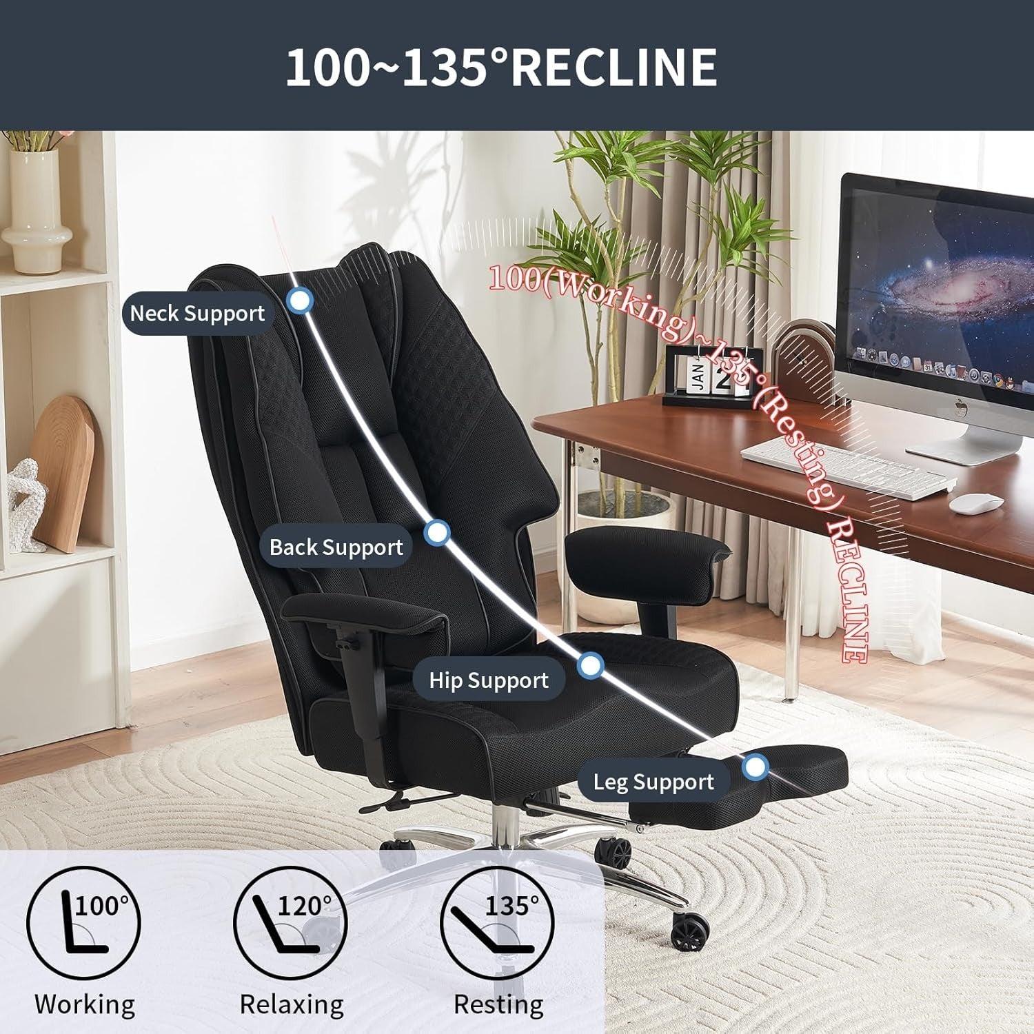 Big & Tall Mesh Office Chair 400 lbs Heavy Duty Recliner Ergonomic Desk Seat