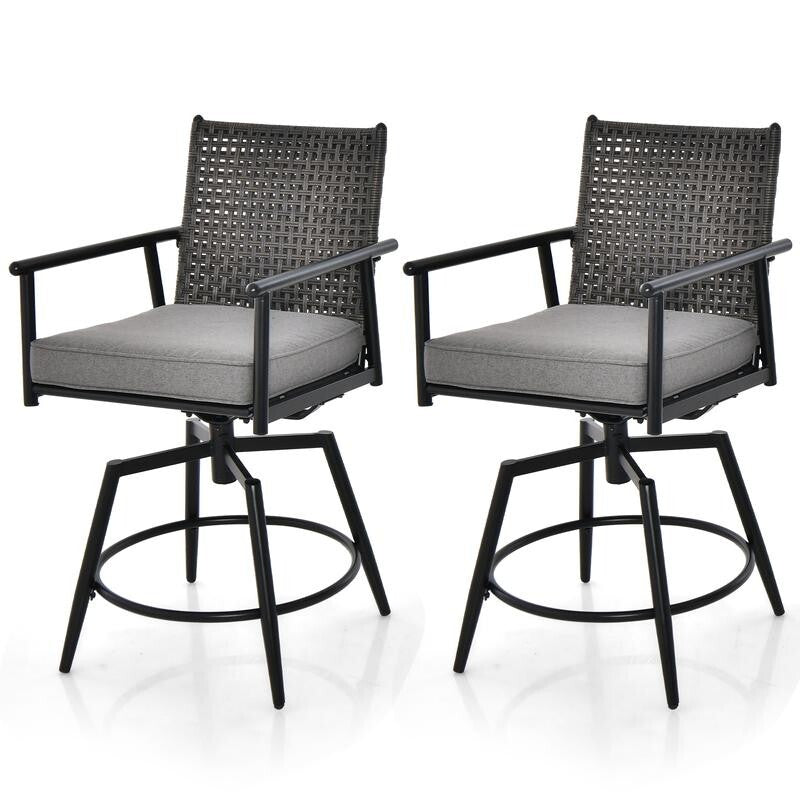 2x Outdoor Swivel Bar Stools with Cushions Rattan Garden Chairs Patio Set