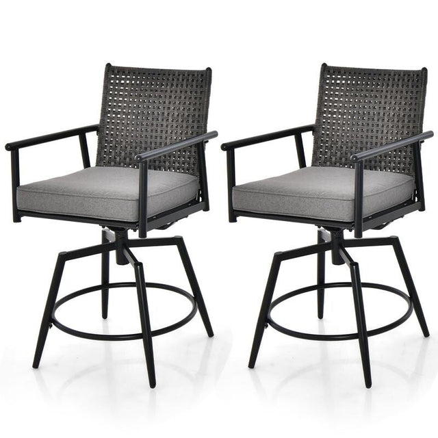 2x Outdoor Swivel Bar Stools with Cushions Rattan Garden Chairs Patio Set
