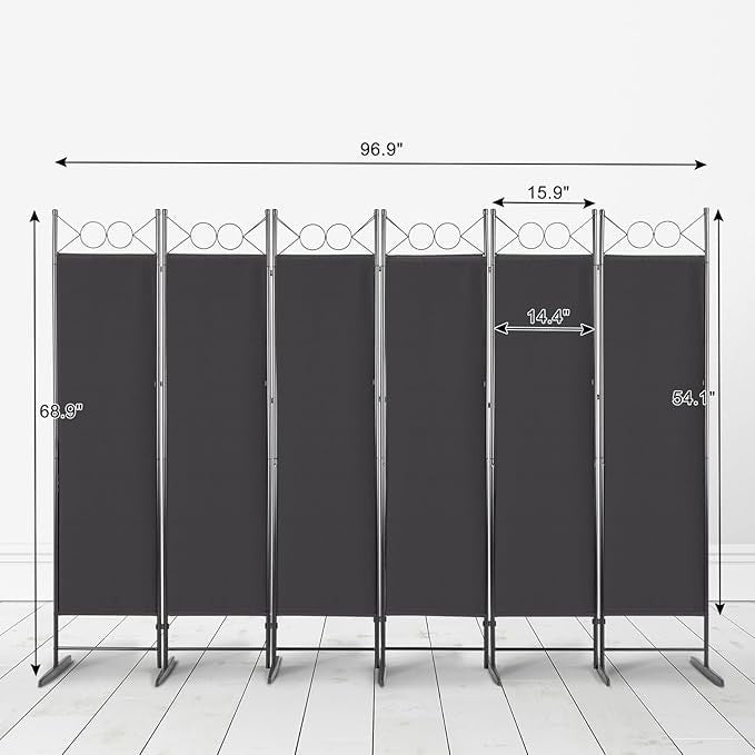 Black 6 Panel Room Divider 5.7FT Folding Privacy Screen – Portable Partition Wal
