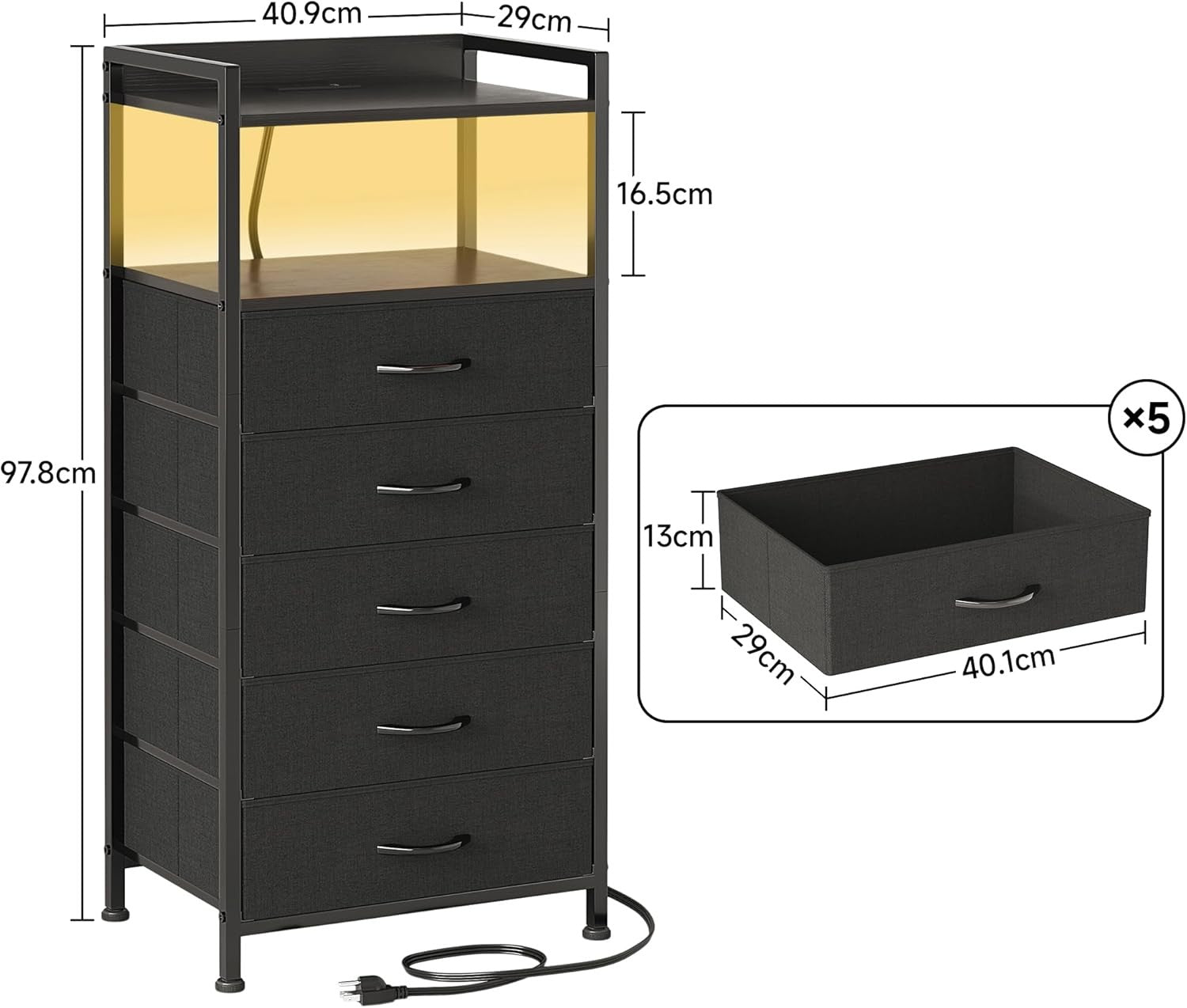 Tall Black LED Bedside Table with Charging Ports 5-Drawer Modern Storage Unit
