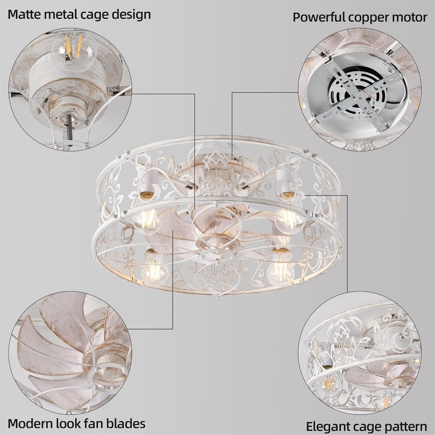 Caged Ceiling Fan with Light 51CM, 6-Speed, E27, APP, Remote, WhiteGaneed
