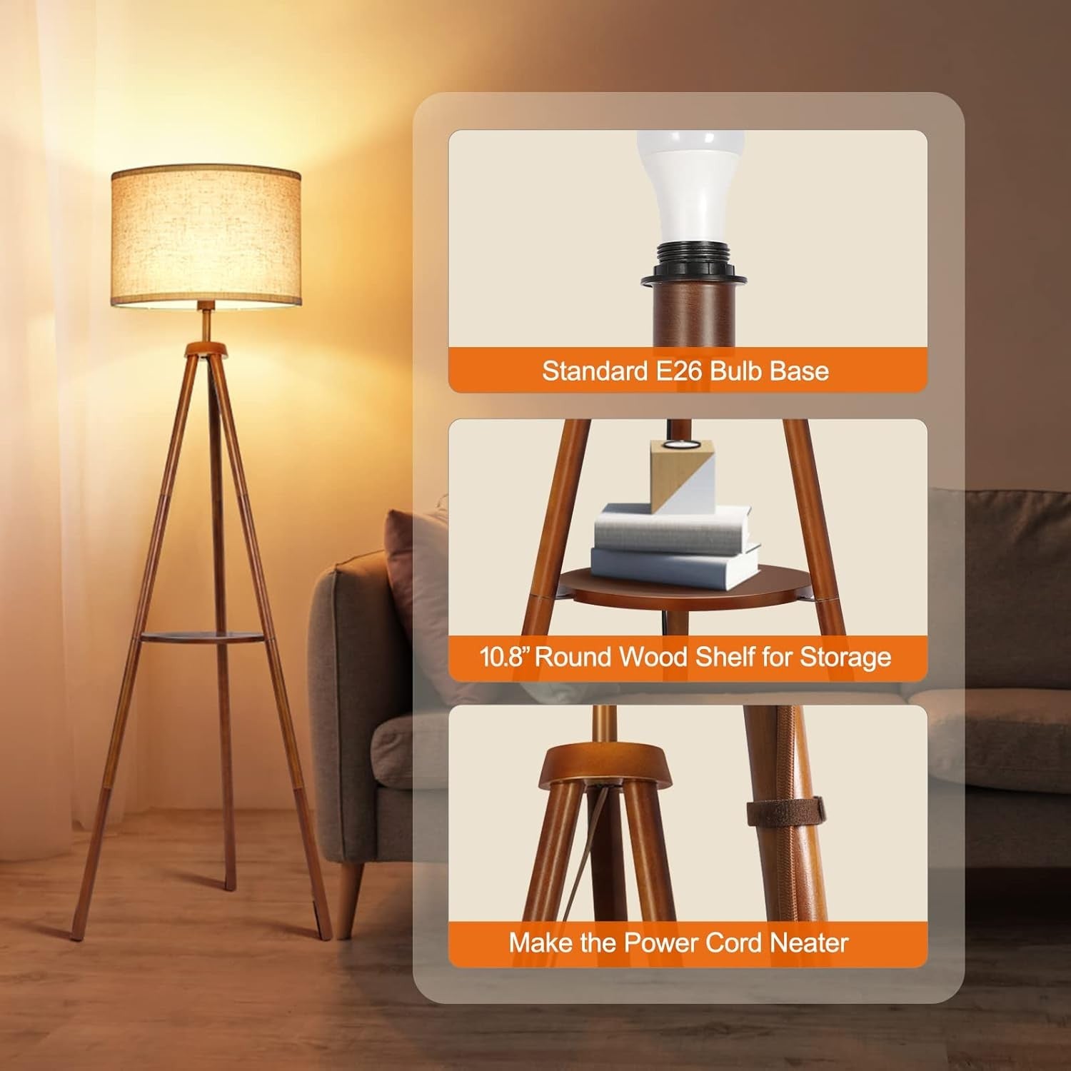 Wooden Tripod Floor Lamp Remote Dimmable Shelf Linen Shade Standing