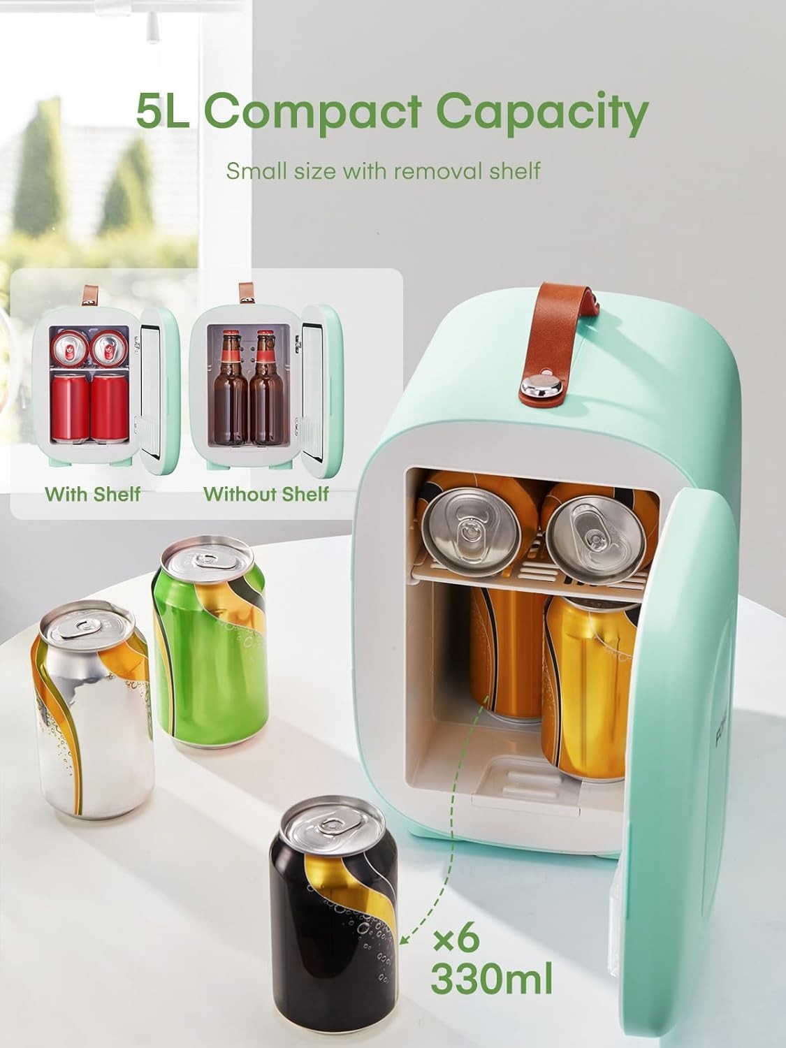 Portable 5L Mini Fridge Small Cooler for Office Bedroom Car Travel Green