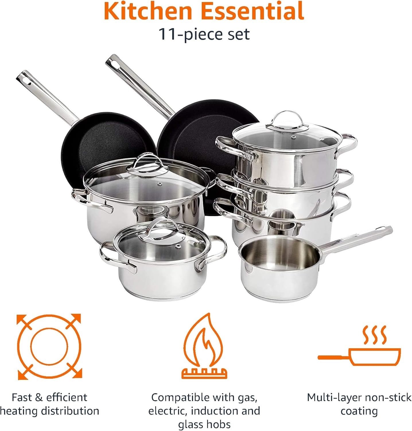 11Pcs Stainless Steel Cookware Set with Lids, Induction, Dishwasher & Oven Safe