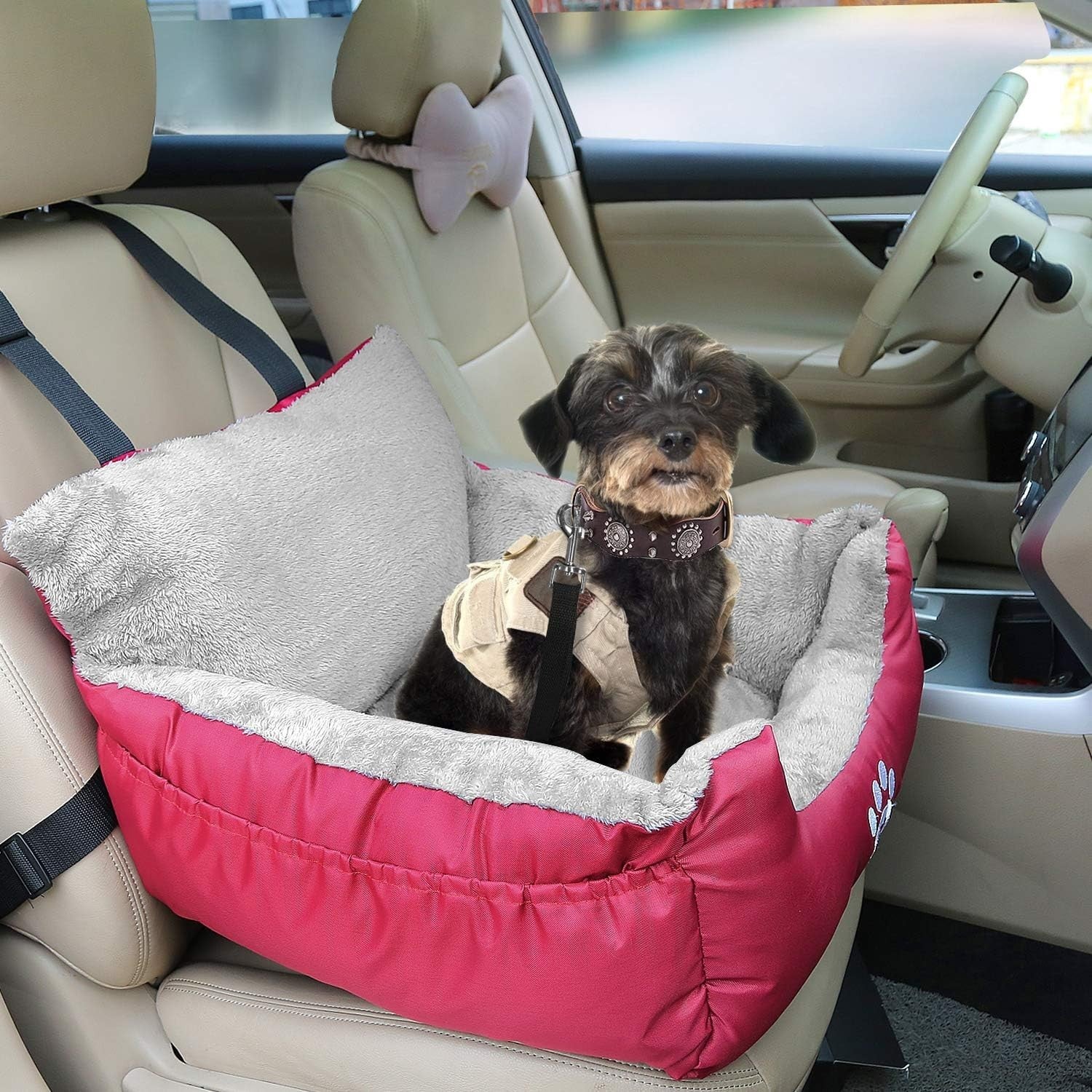 Waterproof Dog Car Booster Seat Plush Travel Bed Safety Leash Red