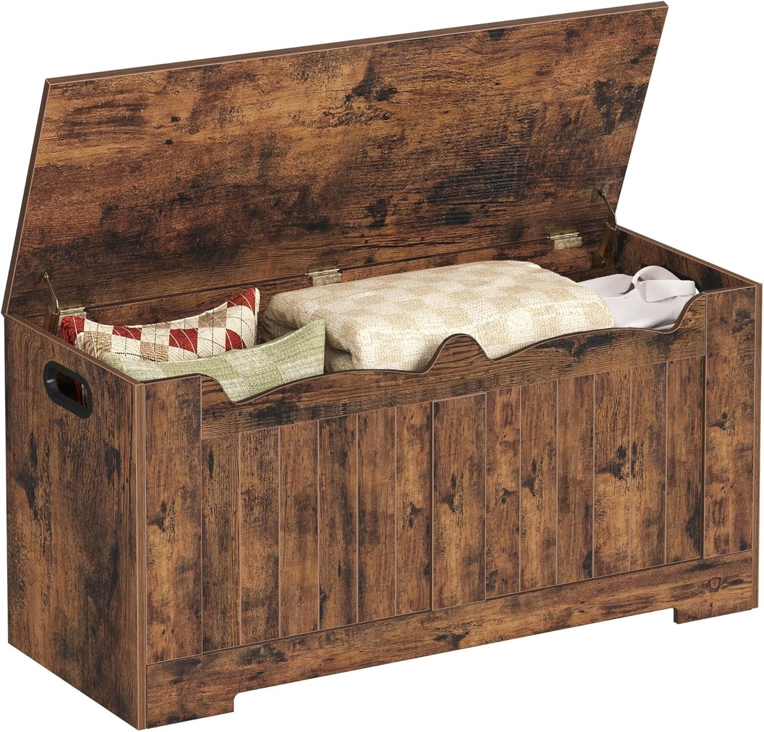Rustic Brown Lift-Top Storage Bench with Shoe Organizer & Wooden Trunk