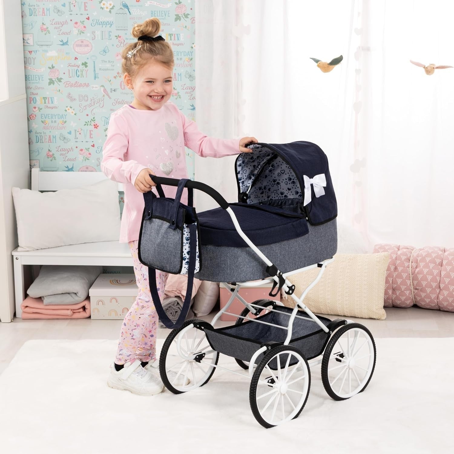 Classic Dolls Pram Nostalgic Style Foldable Pushchair Basket Bag