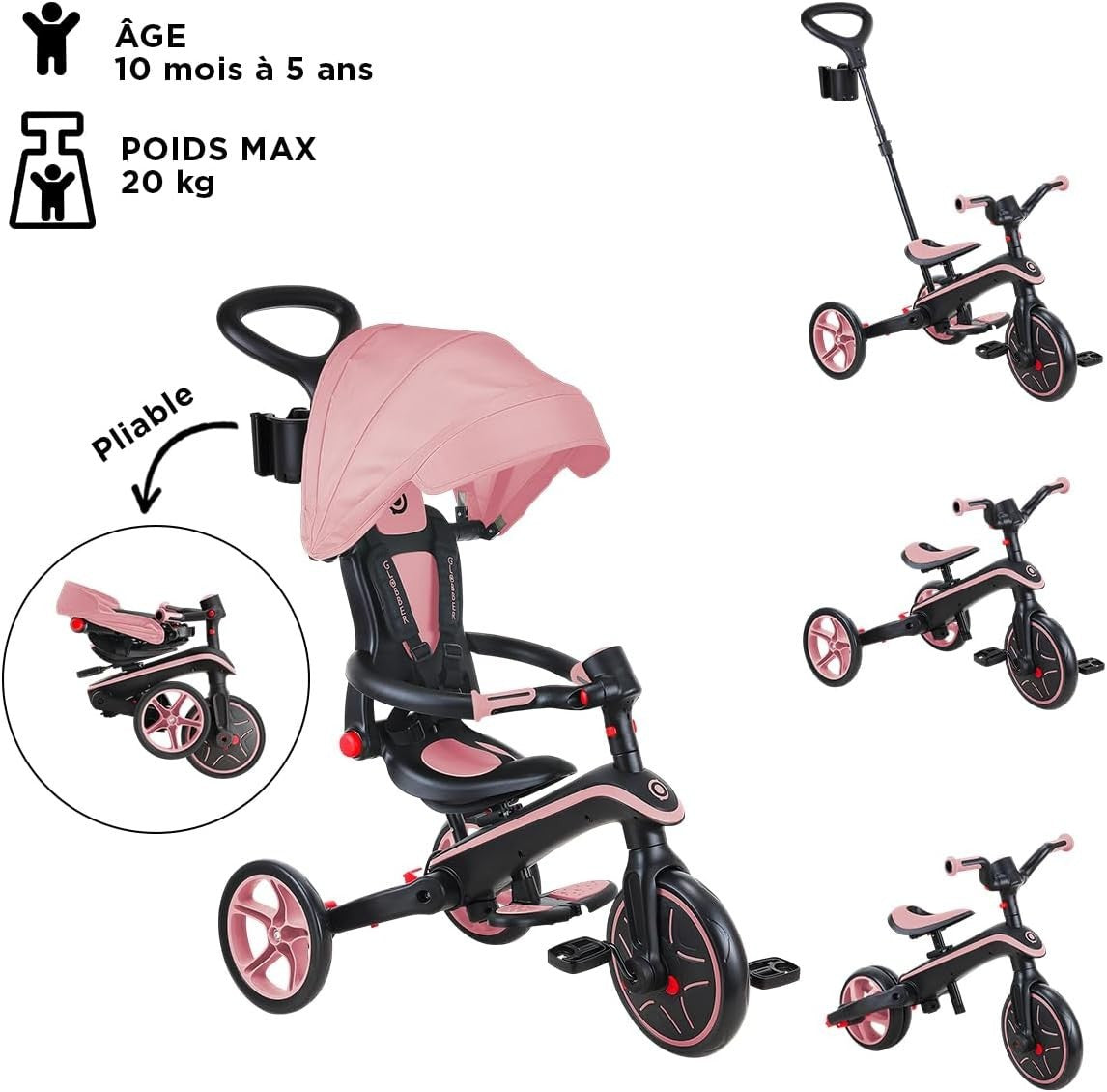 4 in 1 Foldable Trike Balance Bike Kids Ride On Canopy Pink 1-5Y