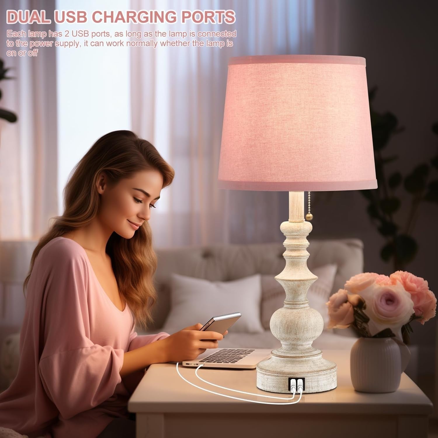 Pink Farmhouse Table Lamps Set of 2 with USB, 22" Tall, Perfect for Girls