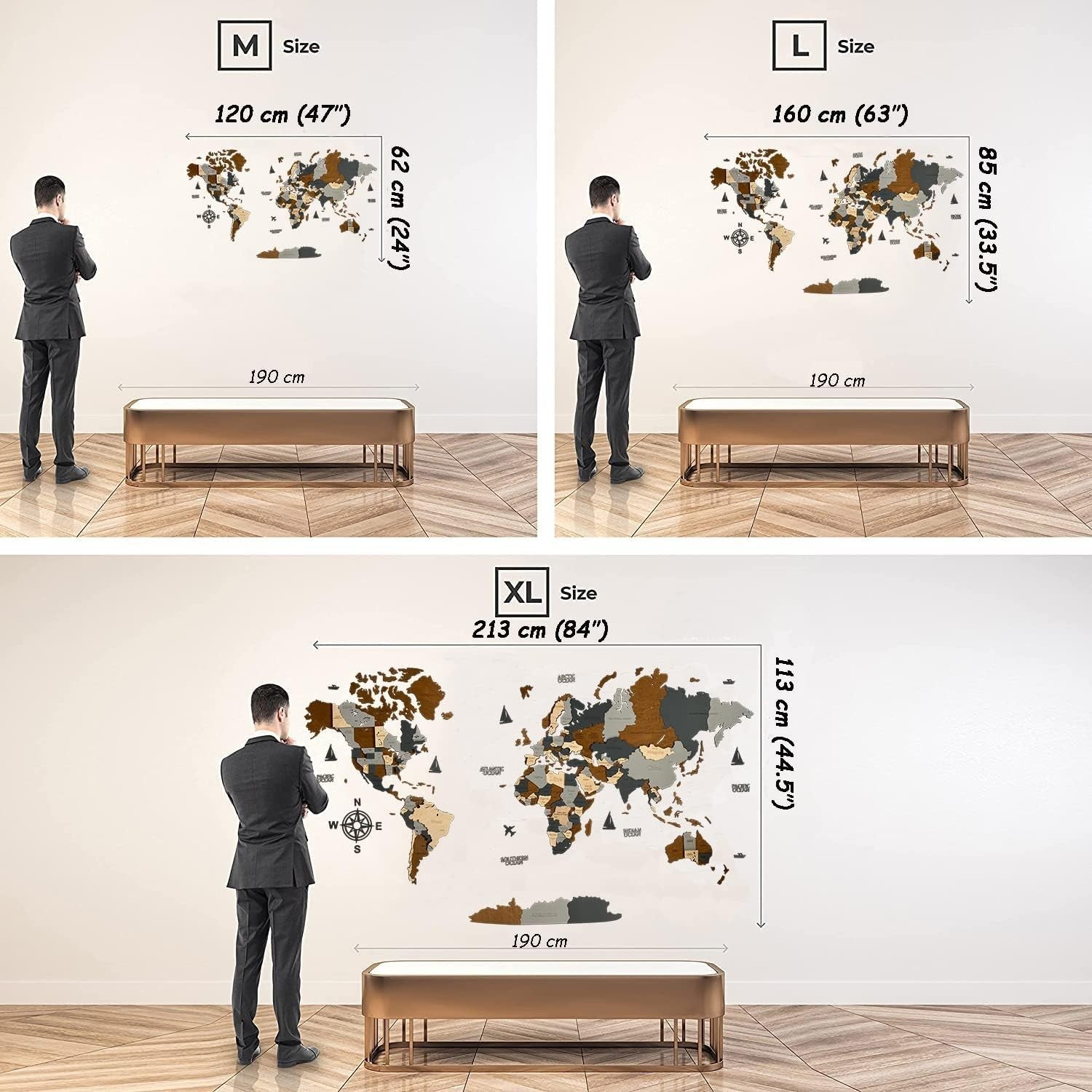 Large 3D Wooden World Map Wall Art Travel Decor Home Office 160cm