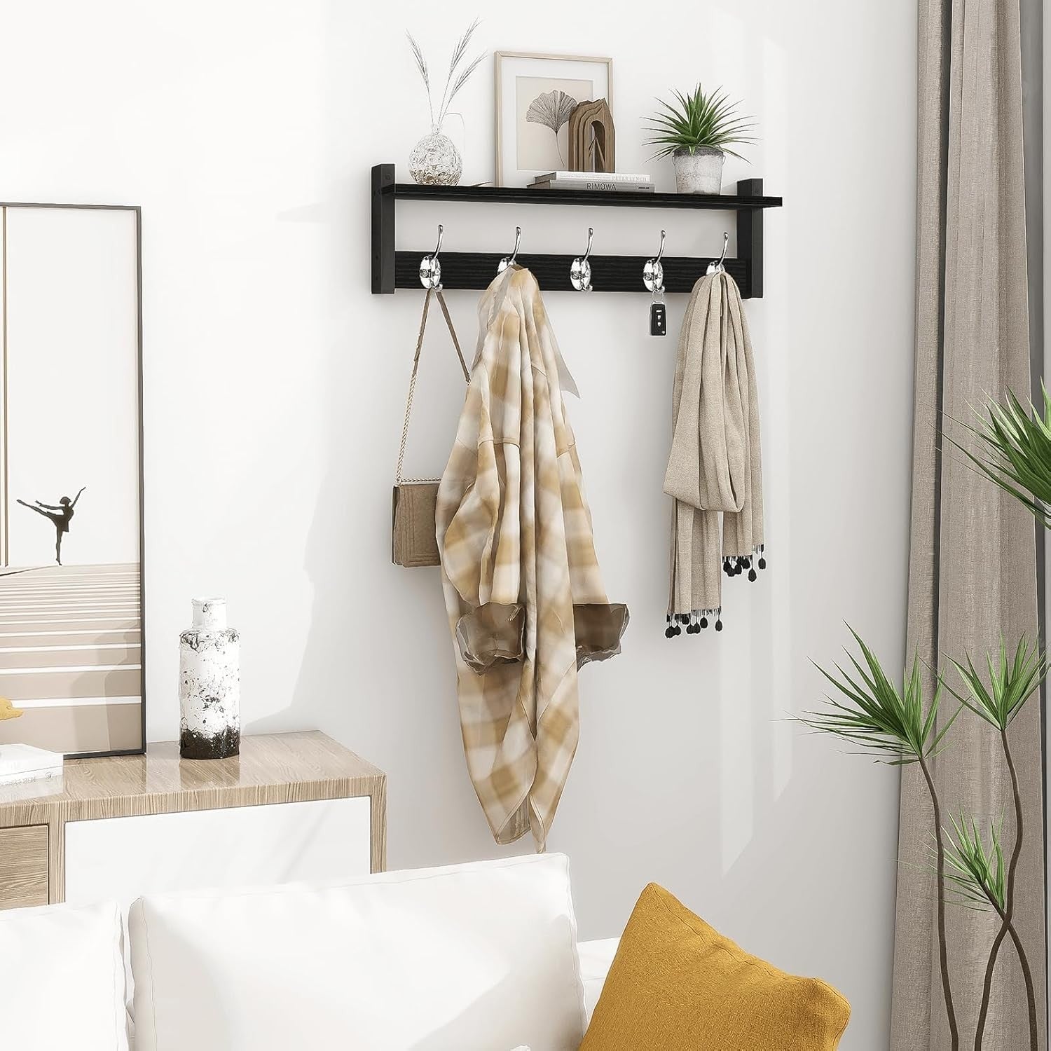 24in Wall Mounted Coat Rack with Shelf Black Entryway Hat Towel Bag Hooks