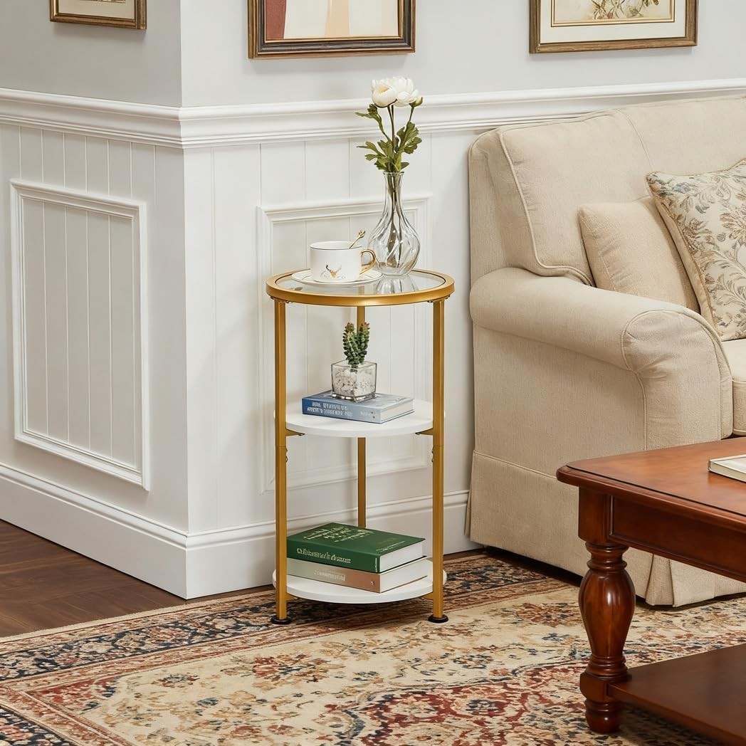 Small Round Glass Side Table with 3-Tier Storage, Tempered Glass & Gold Trim