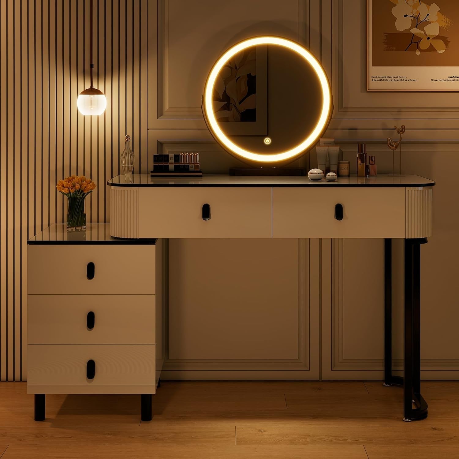 Large Vanity Dressing Table w/ 3-Color LED Mirror & 5 Drawers Storage Cabinet