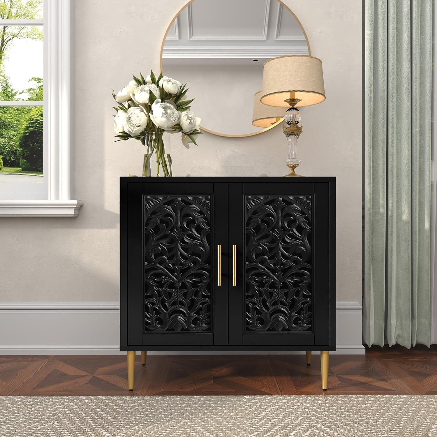 Black Vintage Sideboard Cabinet 2 Door Carved Storage Unit Hallway Accent