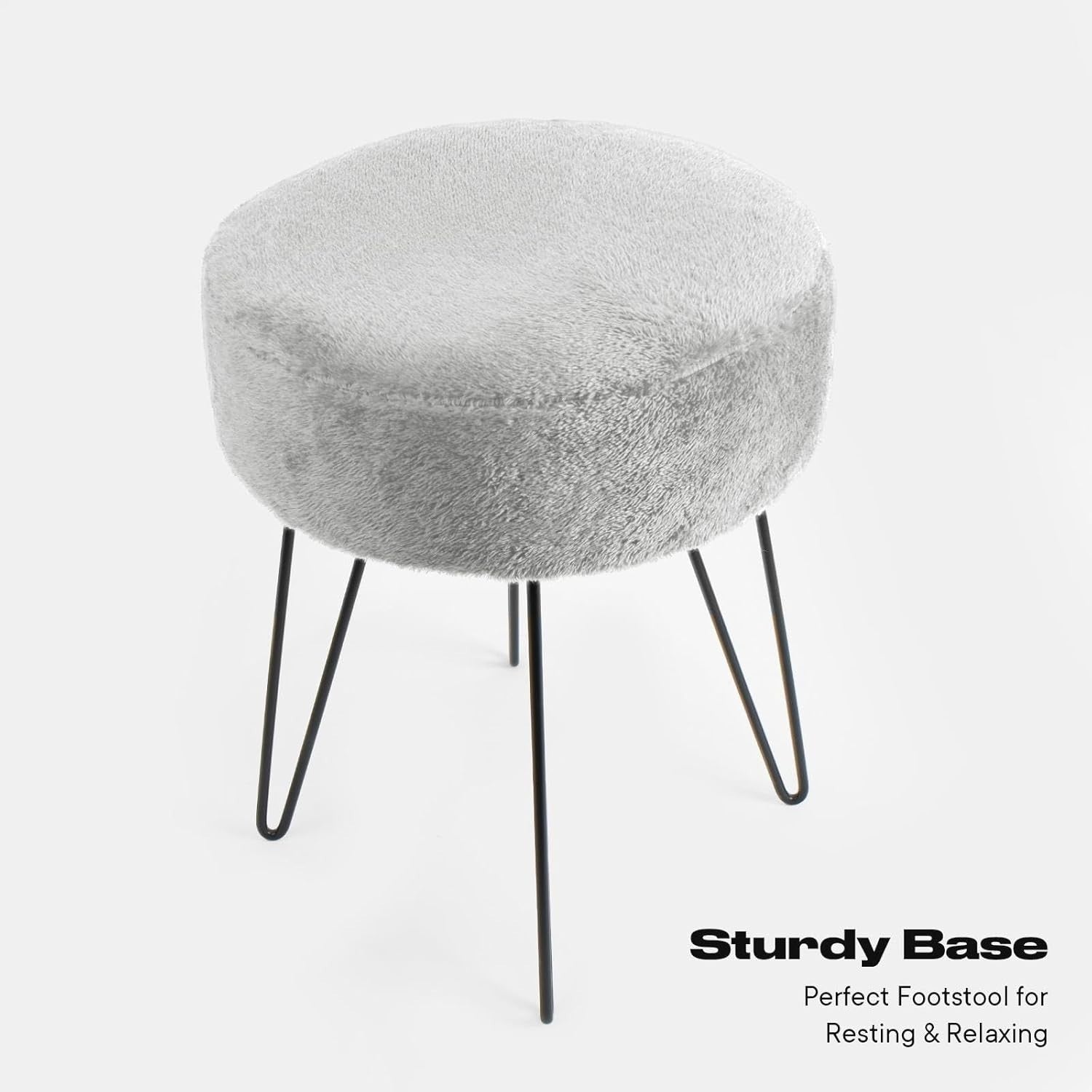 Grey Teddy Fleece Round Footstool Hairpin Leg Vanity Seat Pouffe