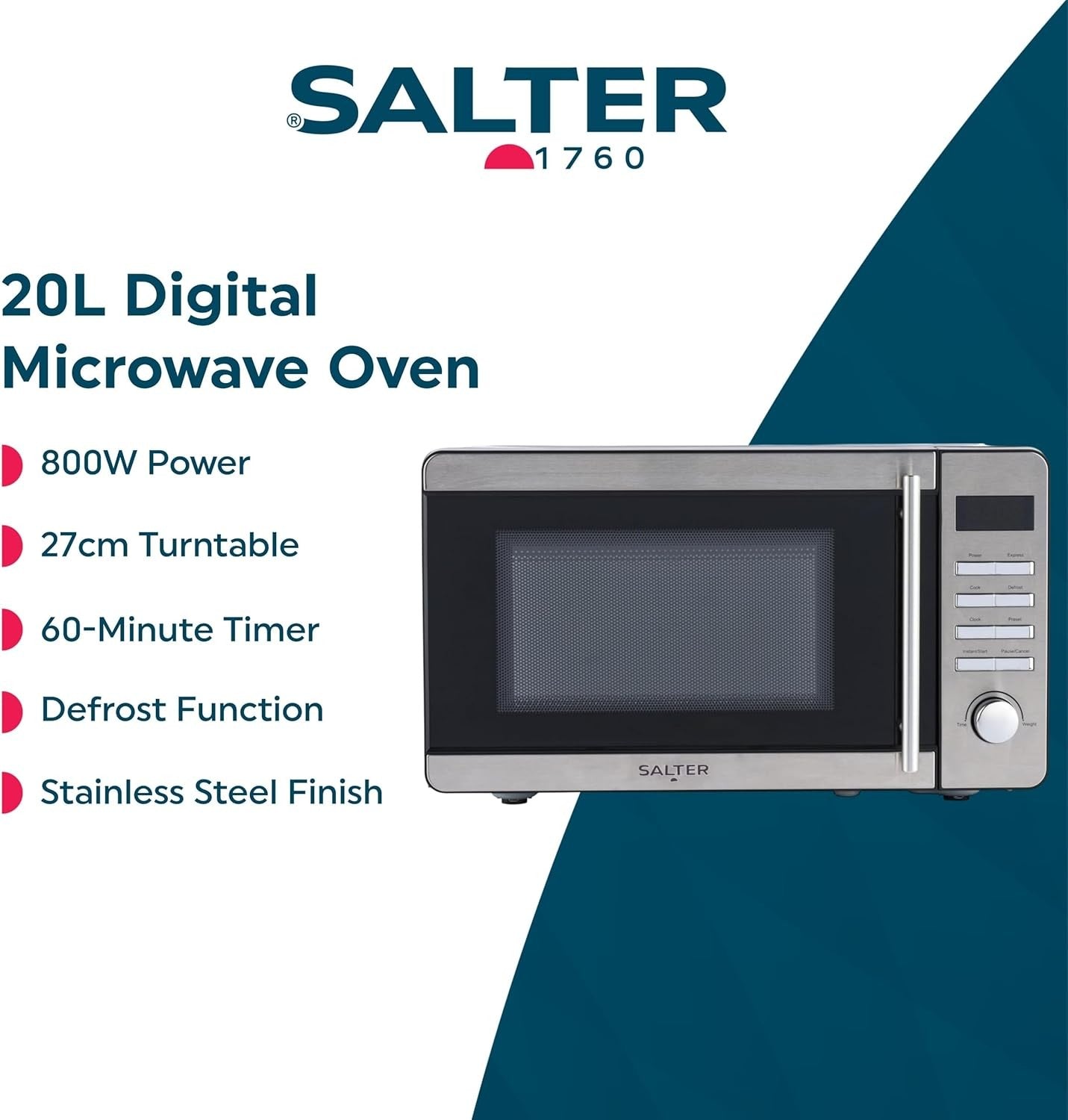 Salter EK5746 20L Digital Microwave 800W Stainless Steel, 60-Min Timer