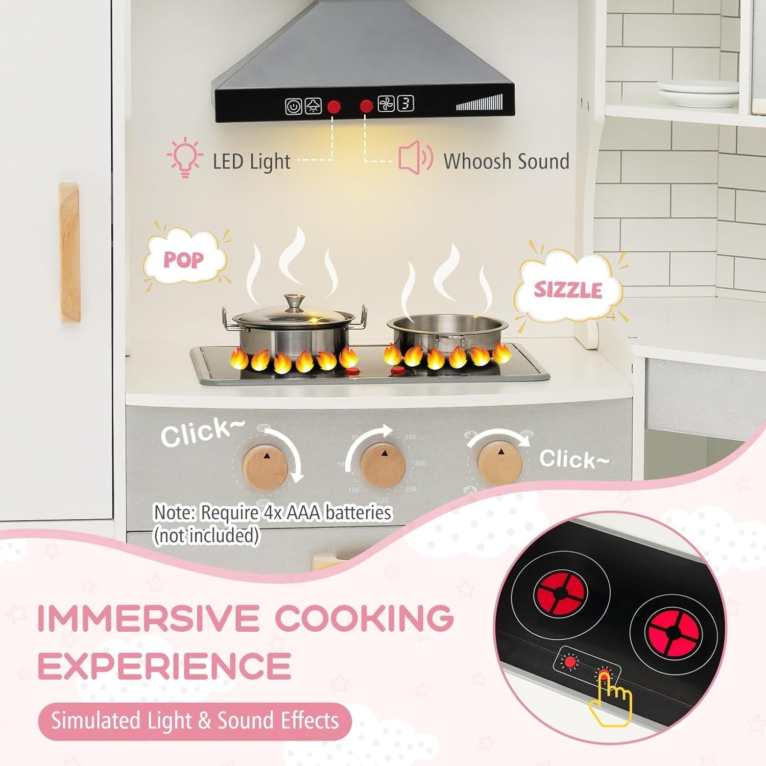 Kids Corner Play Kitchen Wooden Toy Set Light Sound Ice Dispenser White