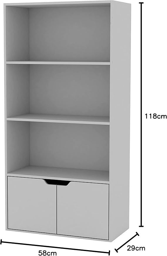 Modern White 4-Tier Wide Bookcase with Double Door Cupboard – Shelf Storage Unit