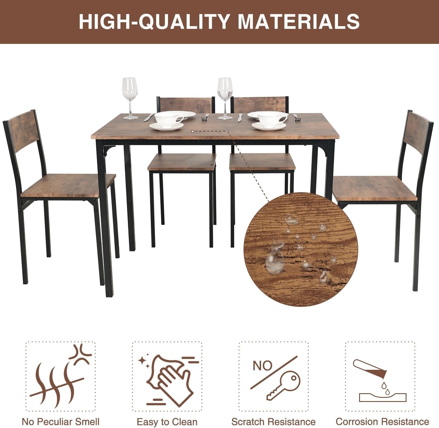 Rustic Brown Dining Table & 4 Chairs Set - Compact, Durable & Space Saving