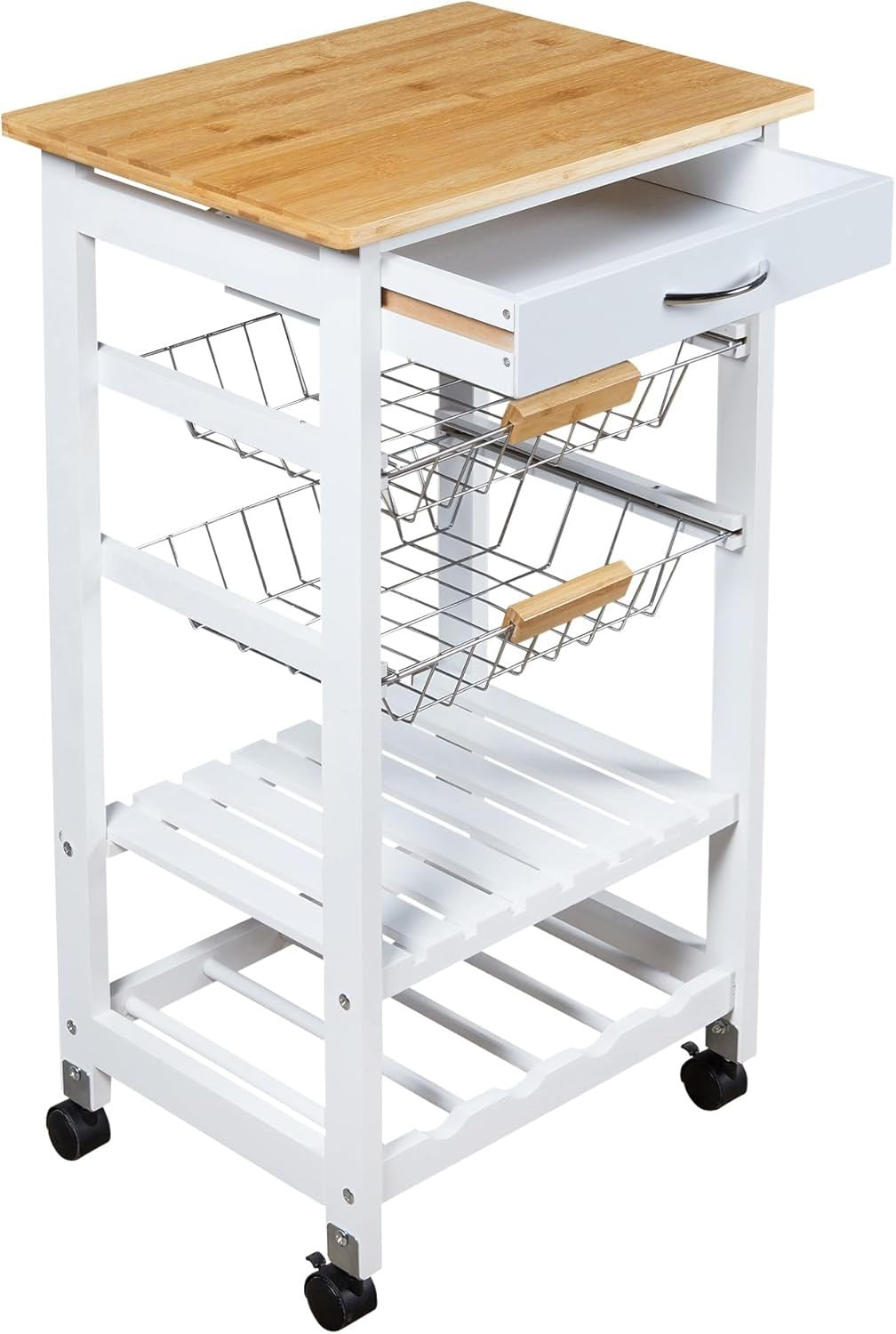 Kitchen Trolley on Wheels Storage Cart Wooden Top Drawer Metal Baskets