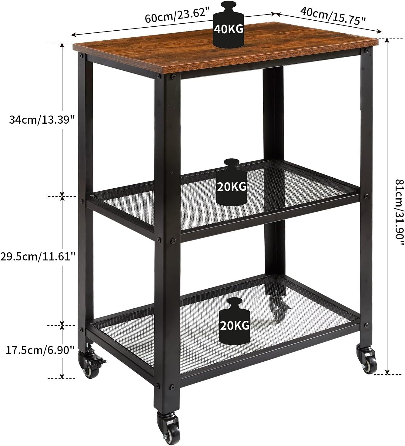 Industrial Serving Cart 3 Tier Rolling Utility Trolley