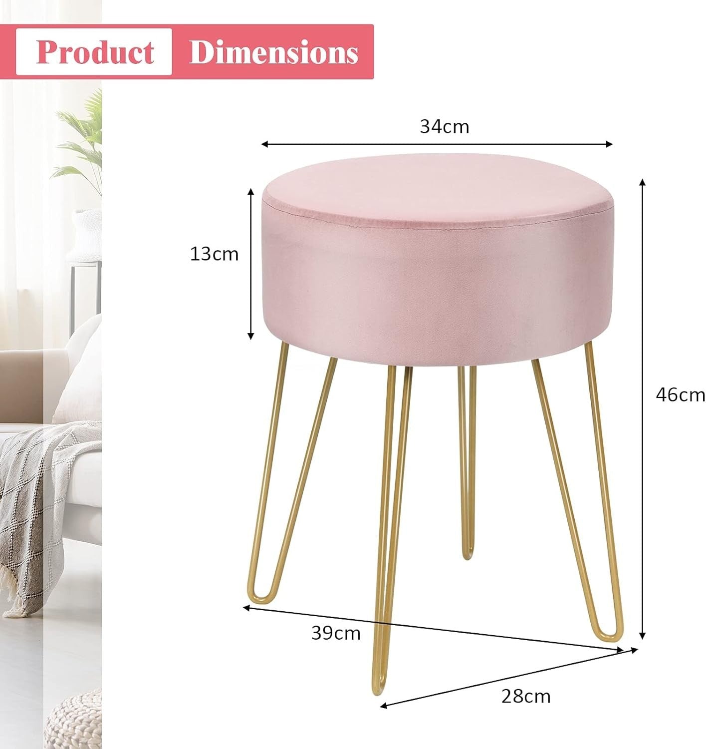 Pink Velvet Round Footstool Modern Dressing Table Stool with Metal Legs