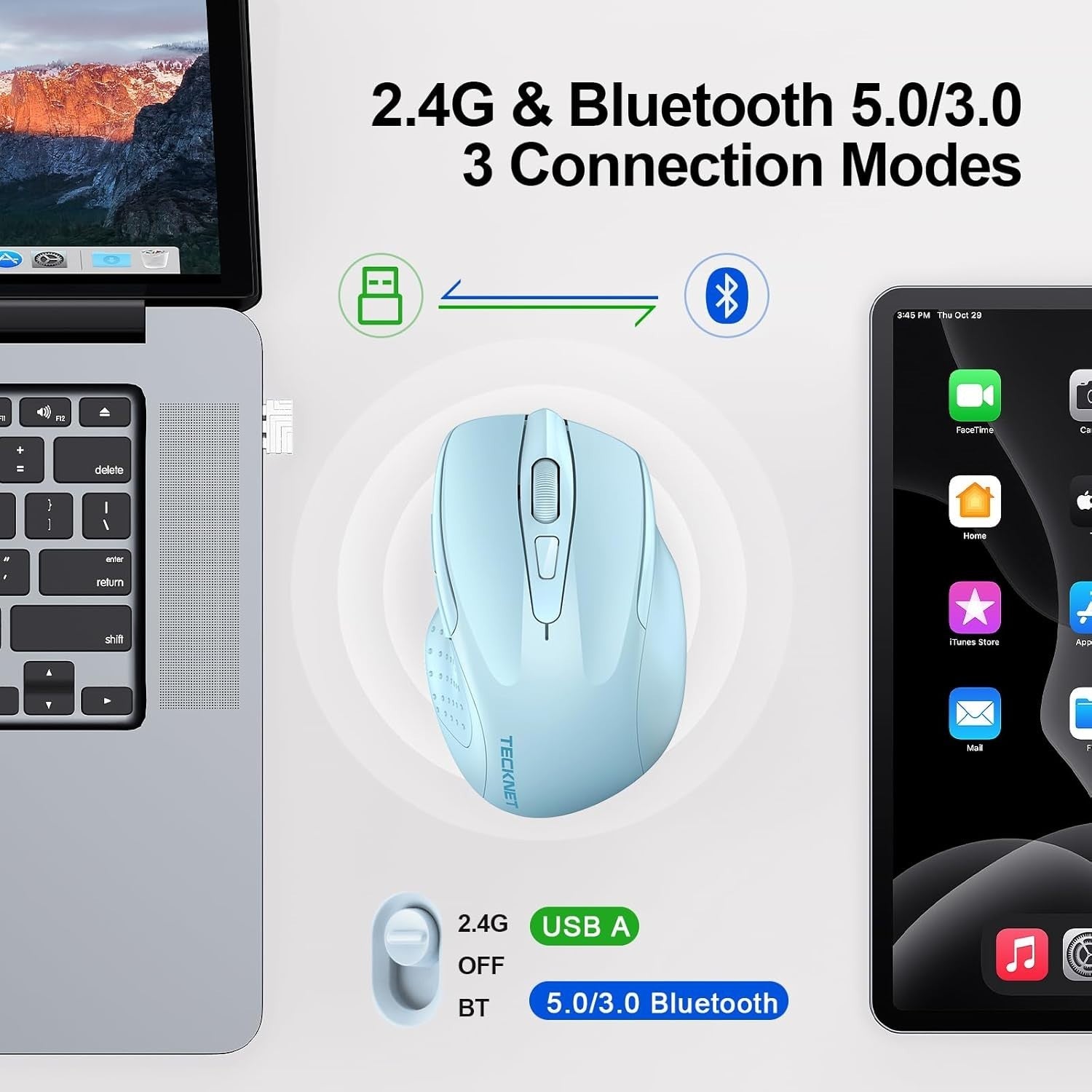 Tri Mode Bluetooth Wireless Mouse Rechargeable Silent Ergonomic 4800DPI Blue