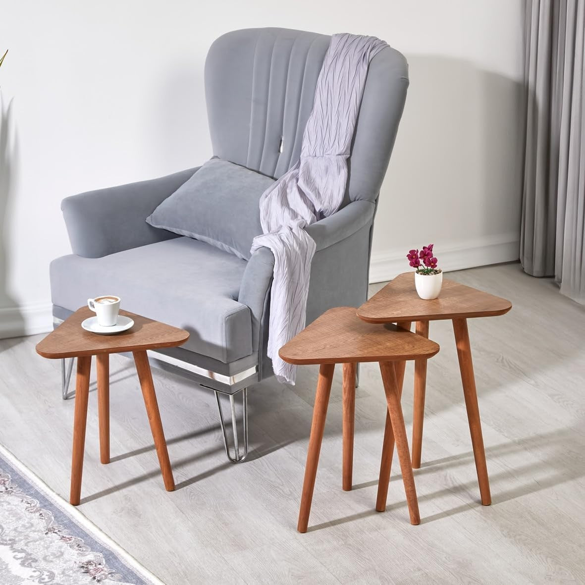 Brown Wood Nesting Coffee Table Set of 3 End Side Tables Living Room Furniture