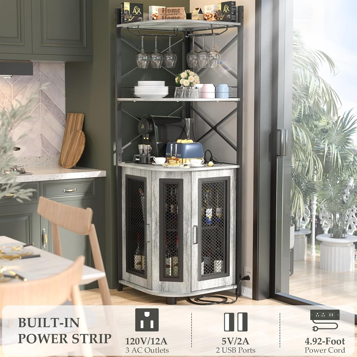 Corner Bar Cabinet with LED Lights & Power Outlets, 5-Tier Liquor Wine Storage