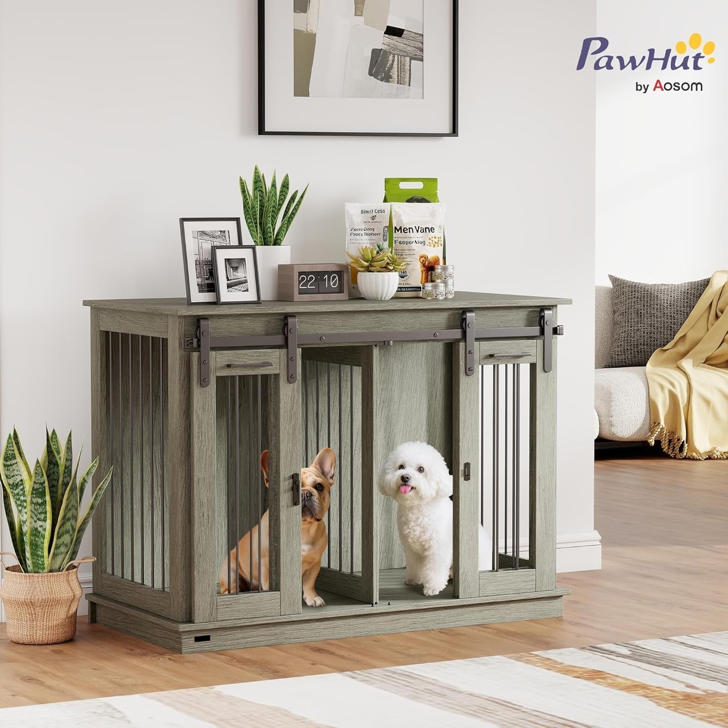 Large Grey Dog Crate Furniture with Divider, Sliding Doors & Side Table 120x60x8