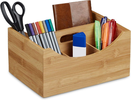 Bamboo Desk Organizer Pen Holder File Sorter | Compact Office Storage