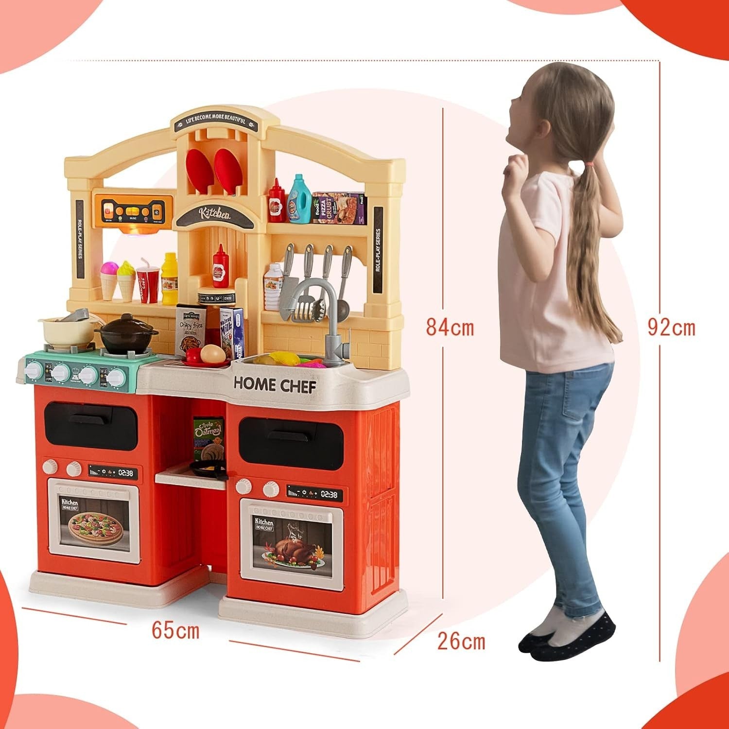 Kids Play Kitchen 69PCS Lights Sounds Steam Running Water Orange