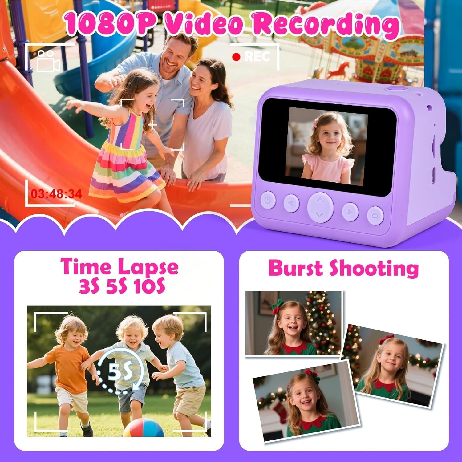 Kids Instant Print Camera 30MP 32GB Card 4 Paper Rolls Purple Kit