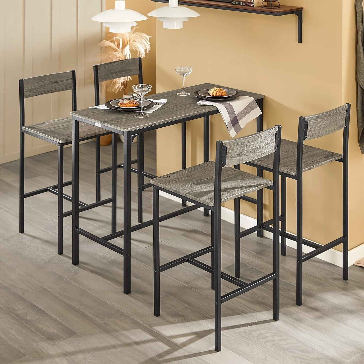 5-Piece Breakfast Bar Table Set w/ 4 Stools Industrial Dining Set Black Natural
