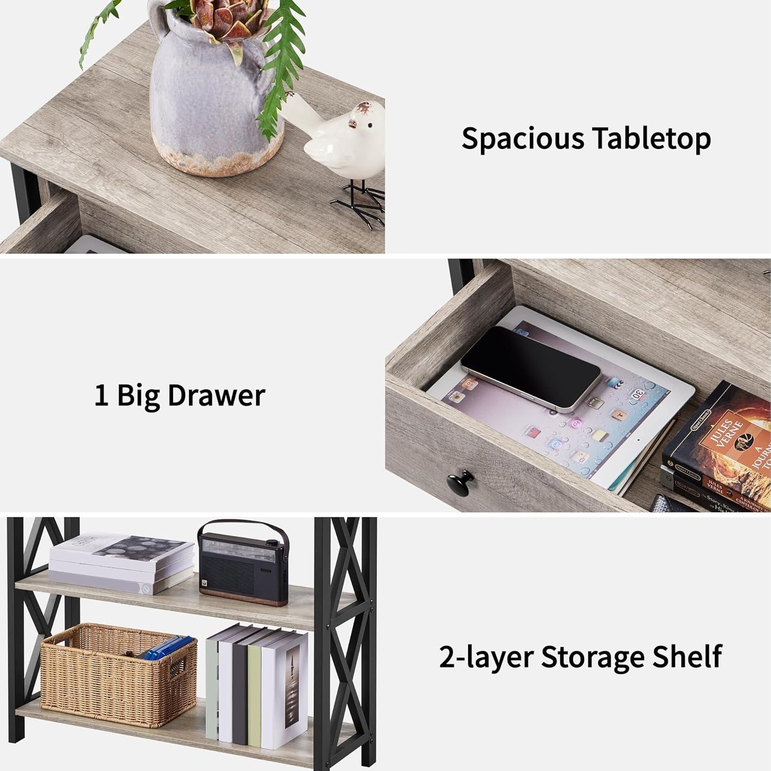 Industrial Console Table with Drawer & 2 Shelves, Durable Metal Frame, Grey