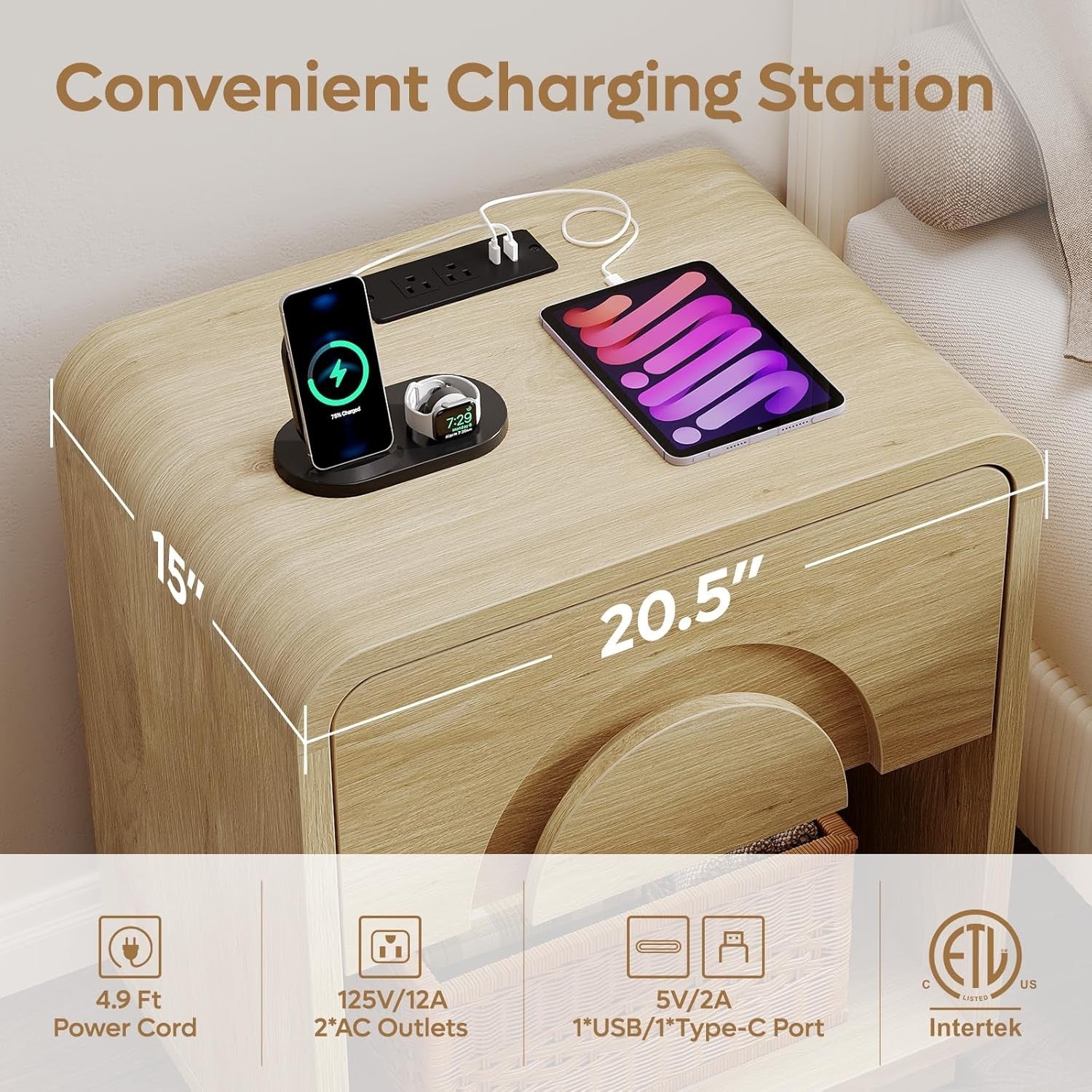 Modern Curved Bedside Table with Charging Station & Drawer Storage – Natural Woo