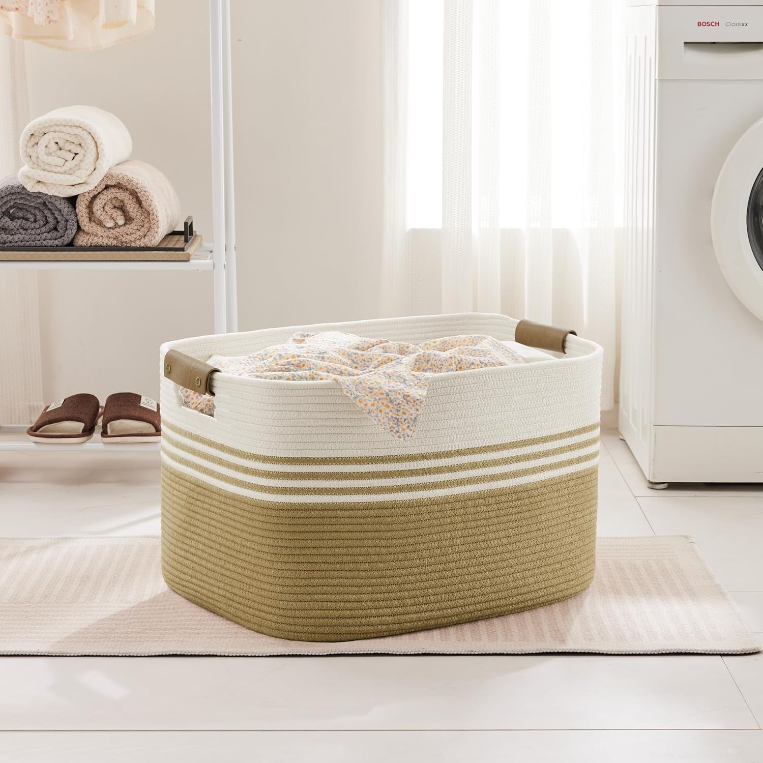 86L Large Woven Laundry Hamper with Leather Handles, Blanket & Clothes Storage –