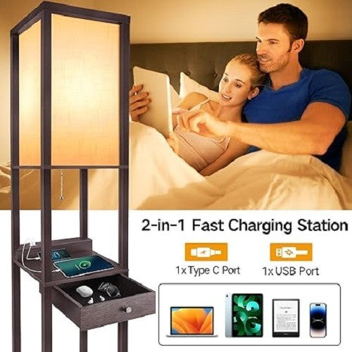 Floor Lamp with Drawer Shelves USB C Dimmable LED Wooden Standing Light