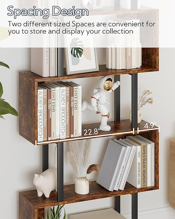 Tall S-Shaped 6-Tier Bookcase Modern Display Shelf Unit for Home Office Storage