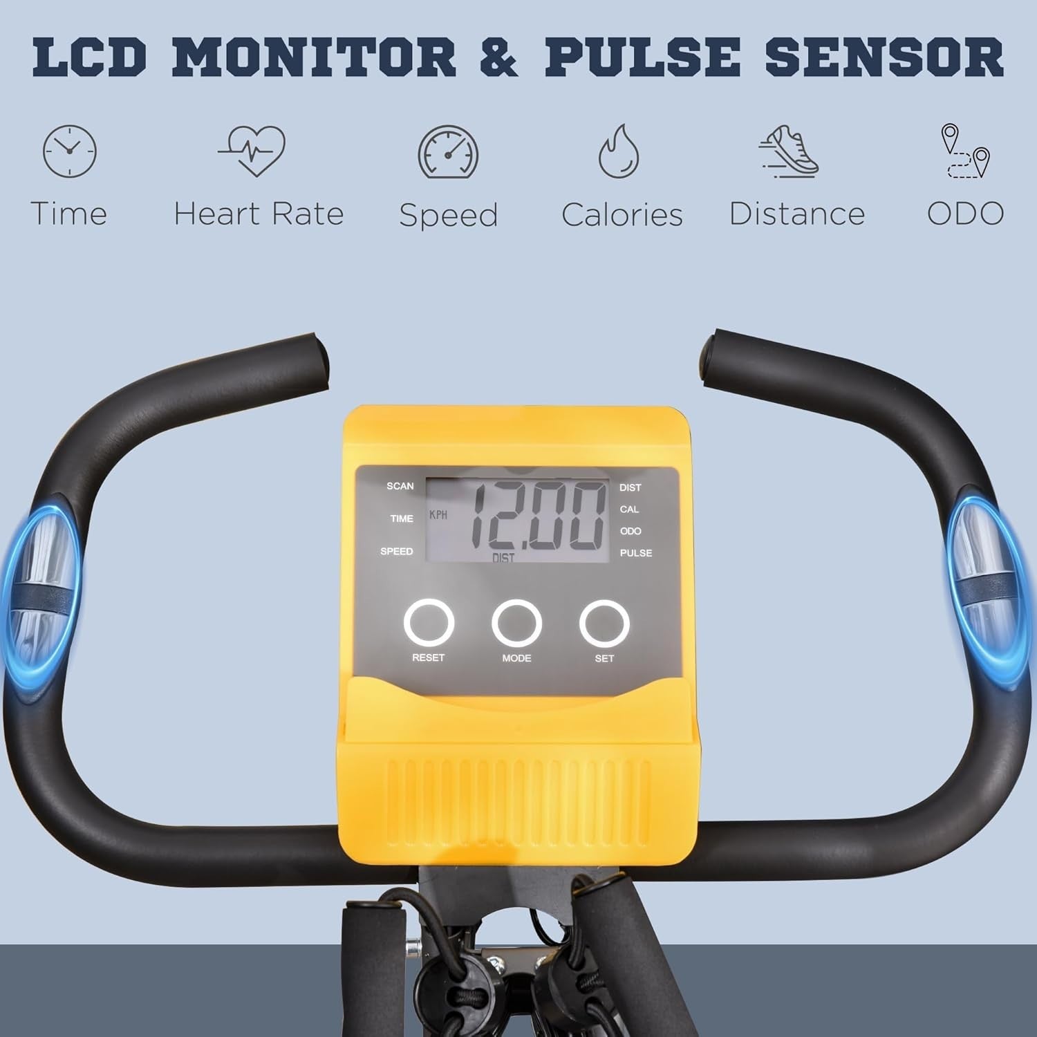 Yellow 3-in-1 Folding Exercise Bike Magnetic Resistance LCD Pulse & Bands