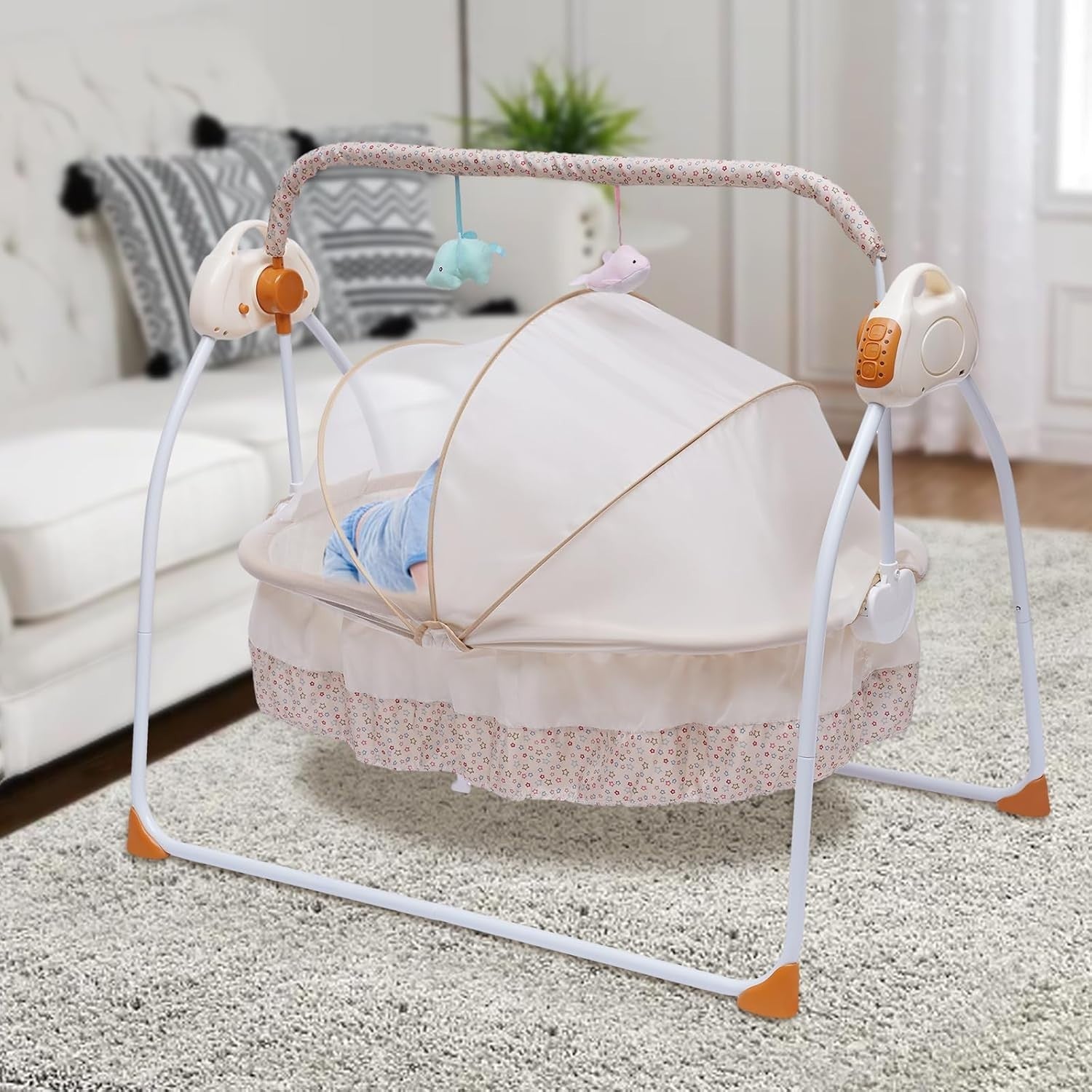 Electric Baby Crib Bassinet 5 Speed Auto Rocking Cot with Music Khaki
